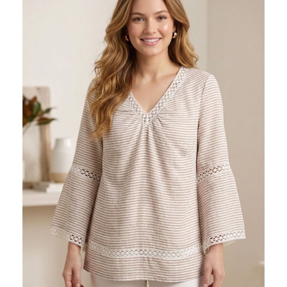 Chico's Stripe Linen Popover Lattice Blouse Women's Size Small (Chico's 0)